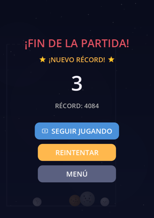 Pantalla de fin de partida de NovaPop con puntuación y récord